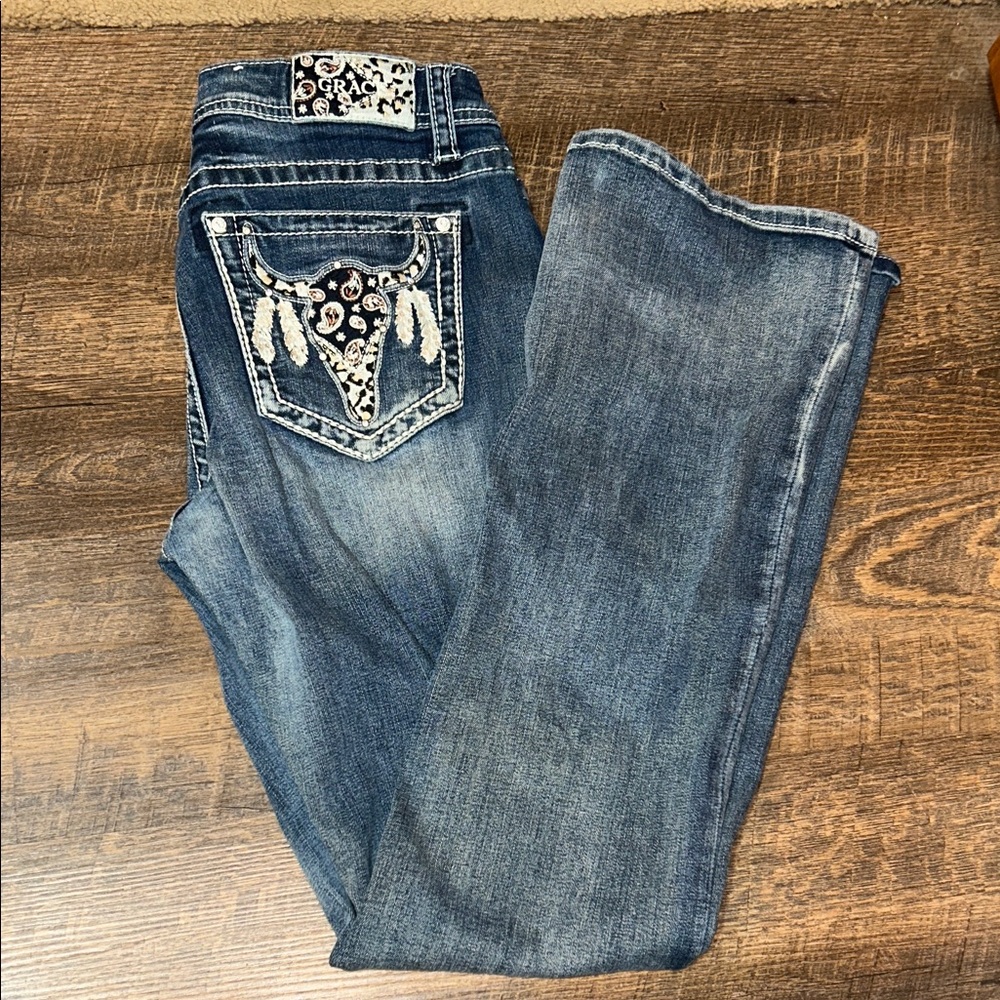 Grace in LA Dark Blue Boot Cut Jeans with Embellished Pockets